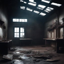 Create a dark, atmospheric image of an abandoned slaughterhouse for a crime thriller setting