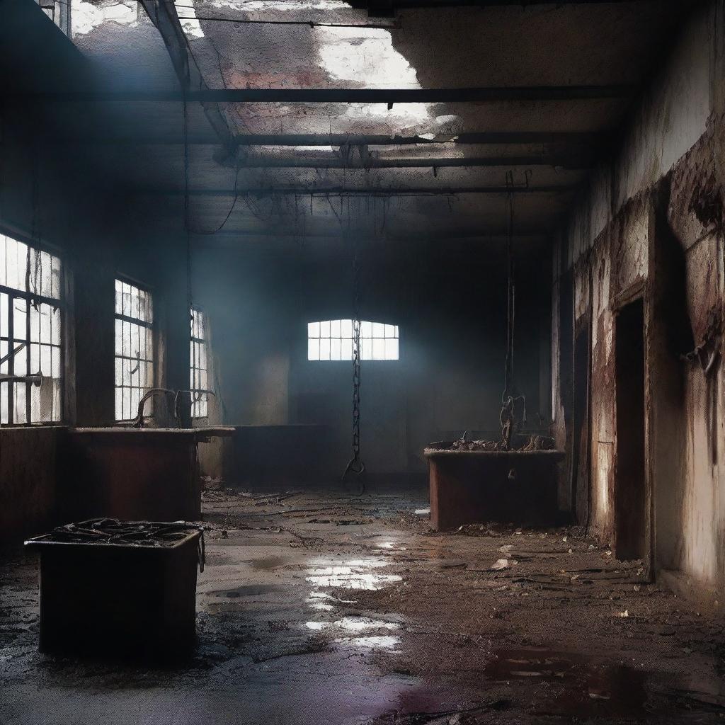 Create a dark, atmospheric image of an abandoned slaughterhouse for a crime thriller setting