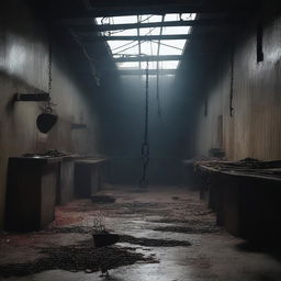 Create a dark, atmospheric image of an abandoned slaughterhouse for a crime thriller setting