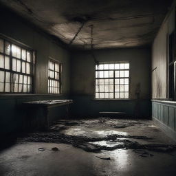 Create a dark, atmospheric image of an abandoned slaughterhouse for a crime thriller setting