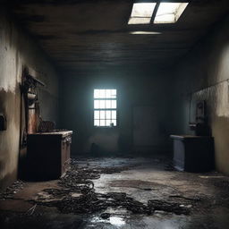 Create a dark, atmospheric image of an abandoned slaughterhouse for a crime thriller setting