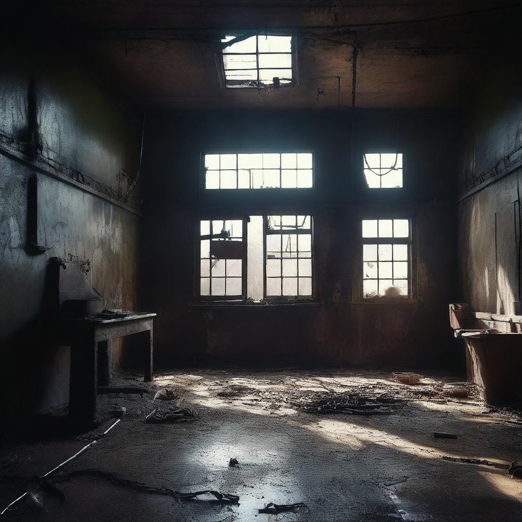 Create a dark, atmospheric image of an abandoned slaughterhouse for a crime thriller setting