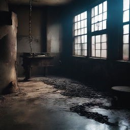 Create a dark, atmospheric image of an abandoned slaughterhouse for a crime thriller setting