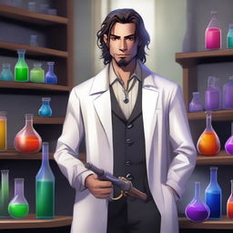 A human male around 30 standing in an alchemist's lab surrounded by chemical equipment