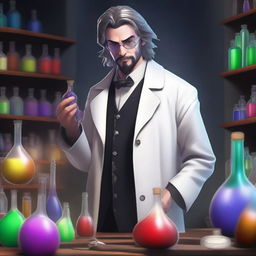 A human male around 30 standing in an alchemist's lab surrounded by chemical equipment