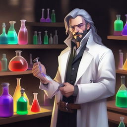 A human male around 30 standing in an alchemist's lab surrounded by chemical equipment