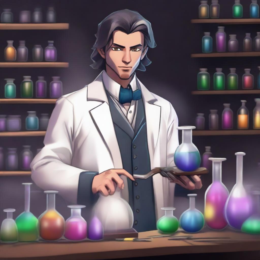 A human male around 30 standing in an alchemist's lab surrounded by chemical equipment