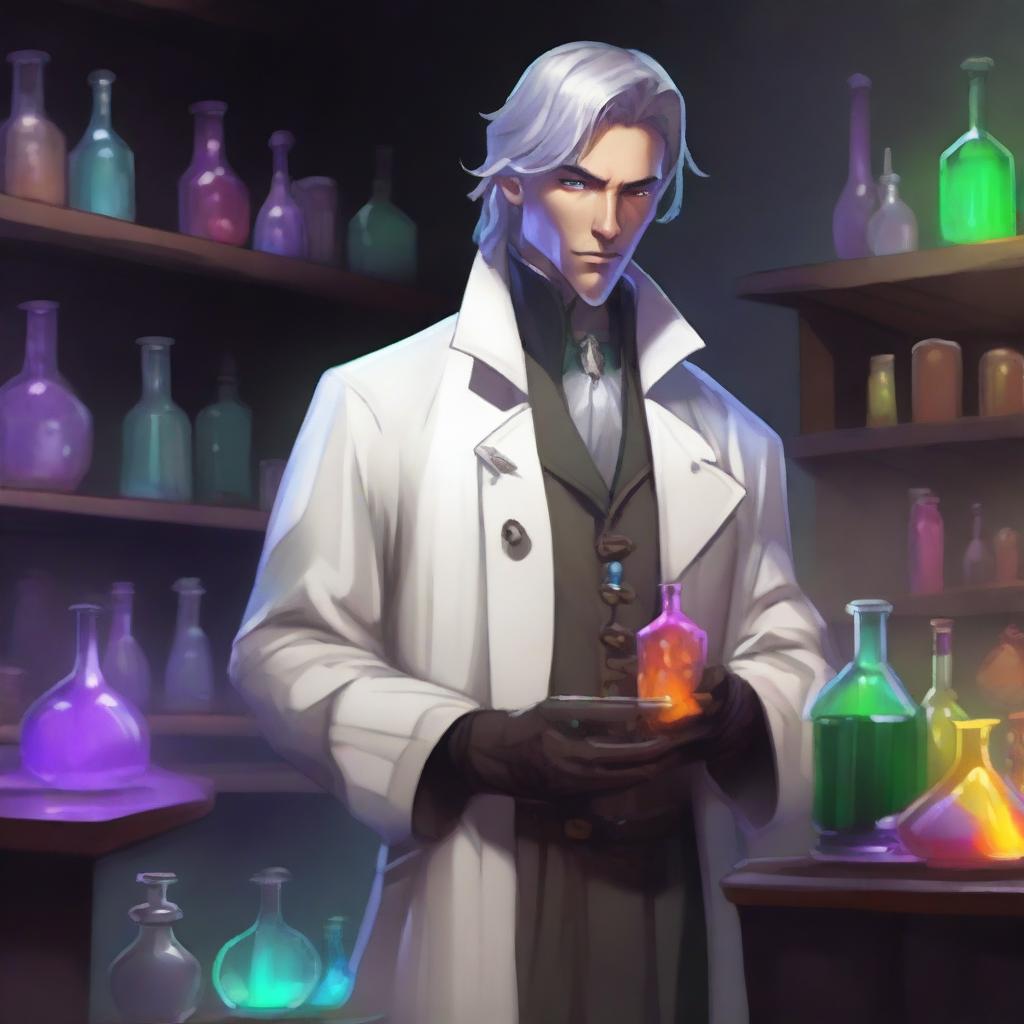 A Dungeon and Dragons character, a human male around 30, standing in an alchemist's lab surrounded by chemical equipment