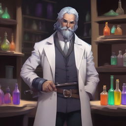 A Dungeon and Dragons character, a human male around 30, standing in an alchemist's lab surrounded by chemical equipment