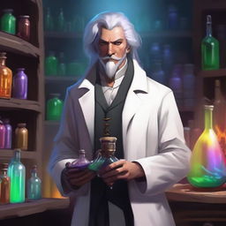 A Dungeon and Dragons character, a human male around 30, standing in an alchemist's lab surrounded by chemical equipment