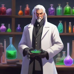 A Dungeon and Dragons character, a human male around 30, standing in an alchemist's lab surrounded by chemical equipment