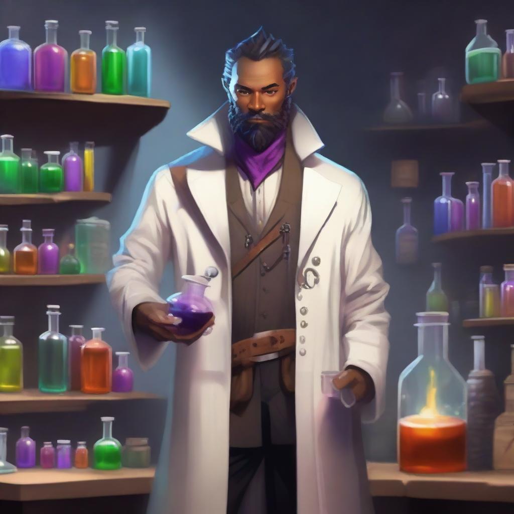 A Dungeon and Dragons character, a human male around 30, standing in an alchemist's lab surrounded by chemical equipment