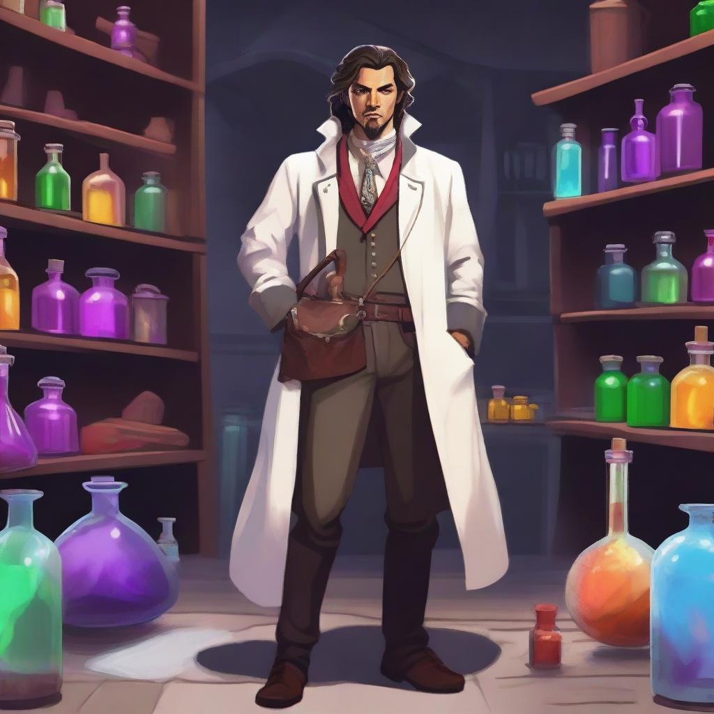 A Dungeon and Dragons character, a human male around 30, standing in an alchemist's lab surrounded by chemical equipment