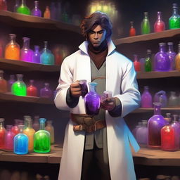 A Dungeon and Dragons character, a human male around 30, standing in an alchemist's lab surrounded by chemical equipment