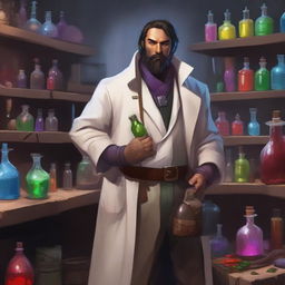 A Dungeon and Dragons character, a human male around 30, standing in an alchemist's lab surrounded by chemical equipment