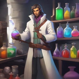 A Dungeon and Dragons character, a human male around 30, standing in an alchemist's lab surrounded by chemical equipment