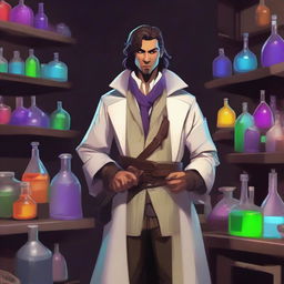 A Dungeon and Dragons character, a human male around 30, standing in an alchemist's lab surrounded by chemical equipment