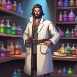 A Dungeon and Dragons character, a human male around 30, standing in an alchemist's lab surrounded by chemical equipment