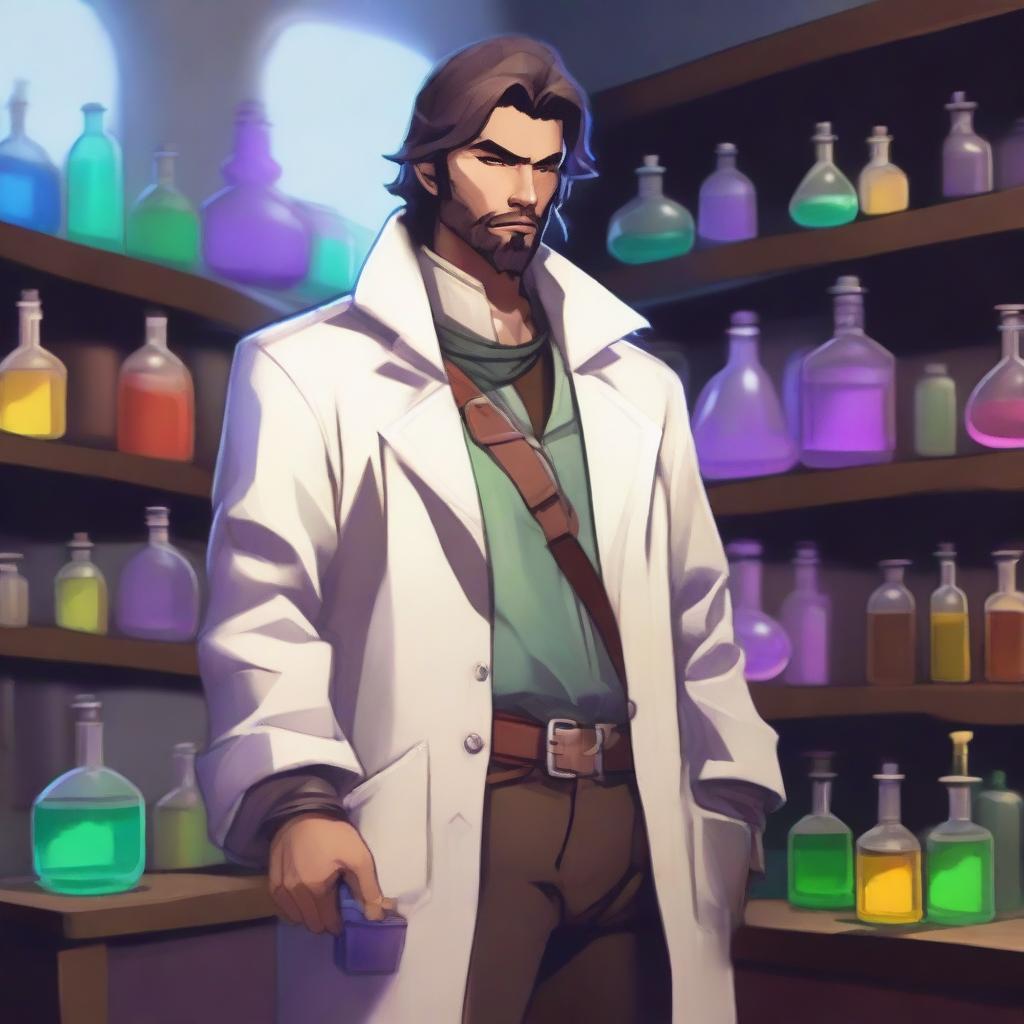 A Dungeon and Dragons character, a human male around 30, standing in an alchemist's lab surrounded by chemical equipment