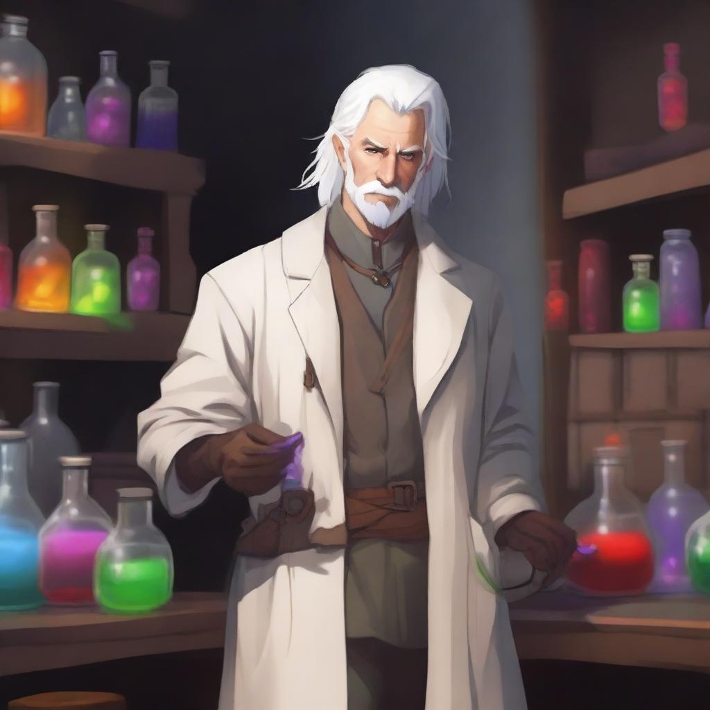 A Dungeon and Dragons character, a human male around 30 with white hair, standing in an alchemist's lab surrounded by chemical equipment