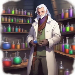 A Dungeon and Dragons character, a human male around 30 with white hair, standing in an alchemist's lab surrounded by chemical equipment