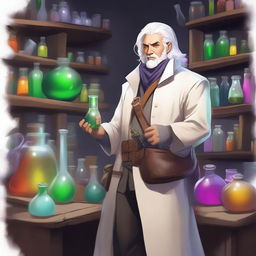 A Dungeon and Dragons character, a human male around 30 with white hair, standing in an alchemist's lab surrounded by chemical equipment