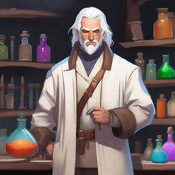 A Dungeon and Dragons character, a human male around 30 with white hair, standing in an alchemist's lab surrounded by chemical equipment