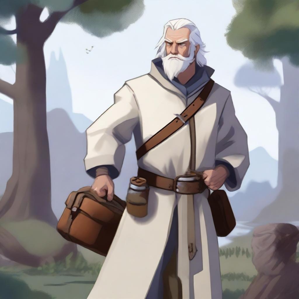 A Dungeon and Dragons character, a human male around 30 with white hair, outside in nature collecting ingredients