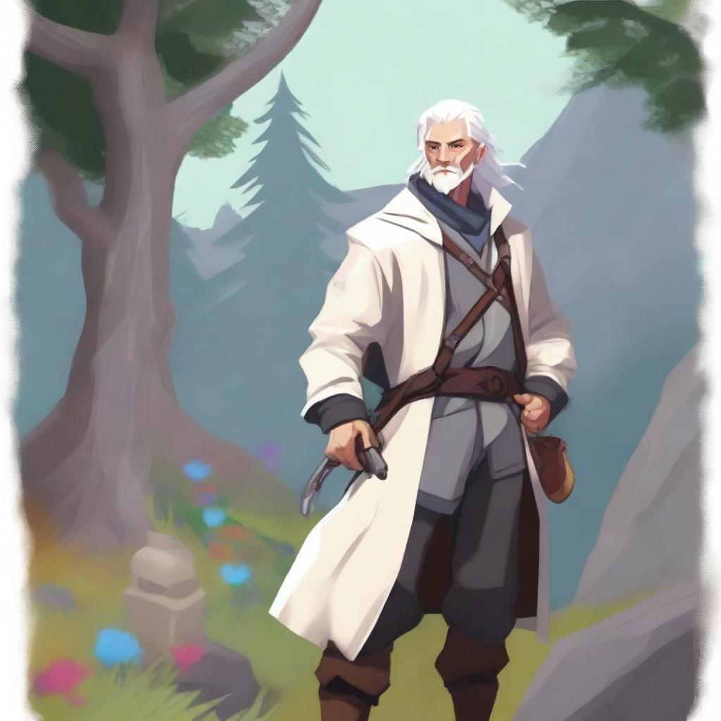 A Dungeon and Dragons character, a human male around 30 with white hair, outside in nature collecting ingredients