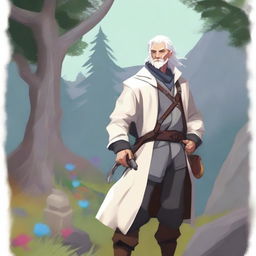 A Dungeon and Dragons character, a human male around 30 with white hair, outside in nature collecting ingredients