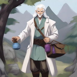 A Dungeon and Dragons character, a human male around 30 with white hair, outside in nature collecting ingredients