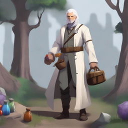 A Dungeon and Dragons character, a human male around 30 with white hair, outside in nature collecting ingredients