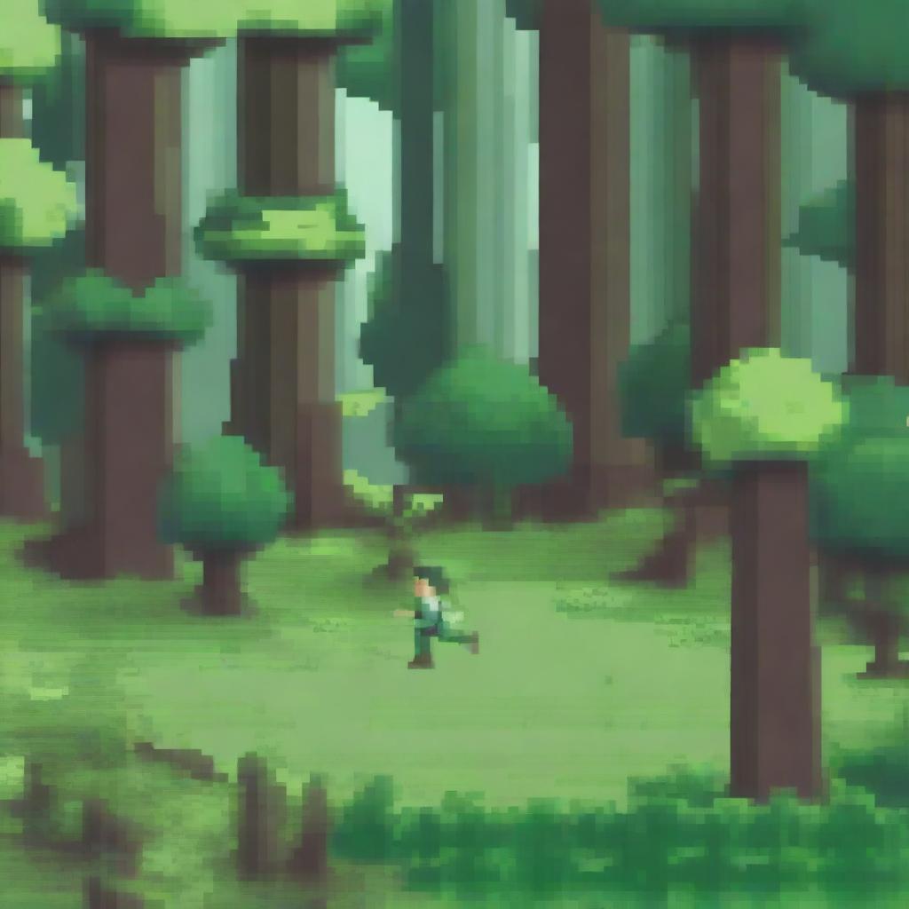 A pixel art scene set in a forest, depicting a character running through the dense trees
