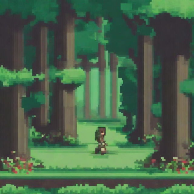 A pixel art scene set in a forest, depicting a character running through the dense trees