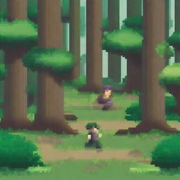 A pixel art scene set in a forest, depicting a character running through the dense trees