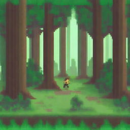 A pixel art scene set in a forest, depicting a character running through the dense trees