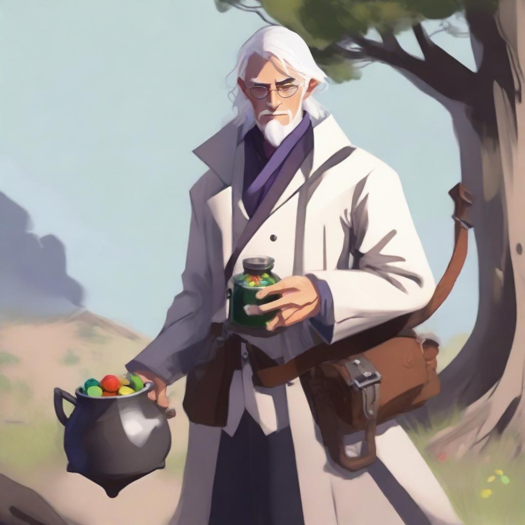 A human male around 30 with white hair, outside in nature collecting ingredients