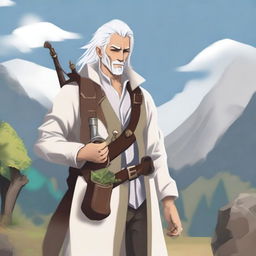 A human male around 30 with white hair, outside in nature collecting ingredients