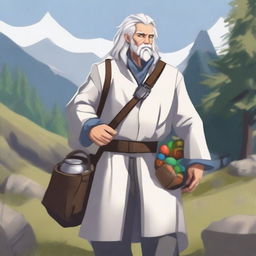 A human male around 30 with white hair, outside in nature collecting ingredients