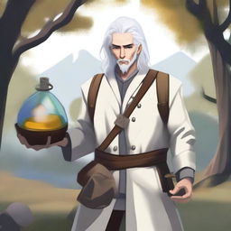 A human male around 30 with white hair, outside in nature collecting ingredients