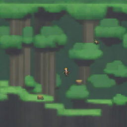 A pixel art scene depicting a character falling off a small cliff in a forest