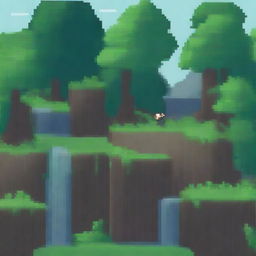 A pixel art scene depicting a character falling off a small cliff in a forest