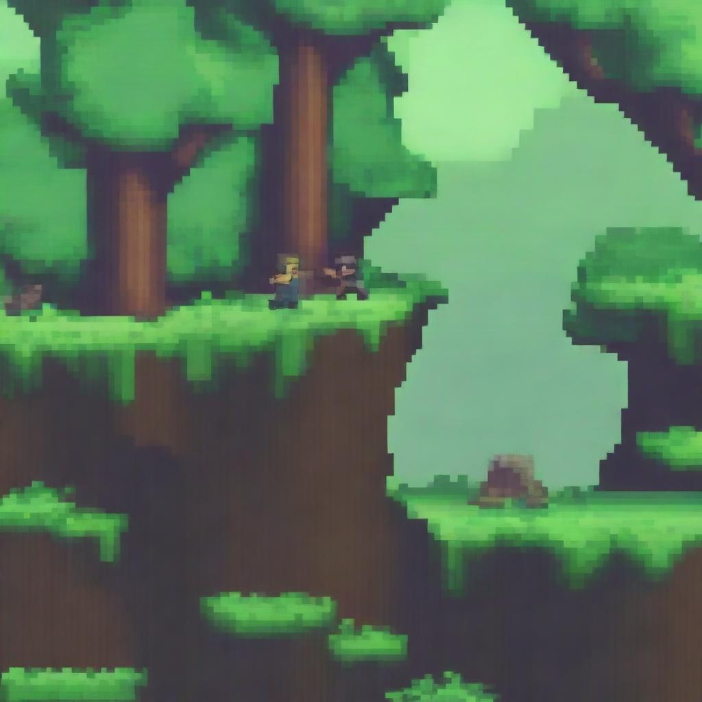 A pixel art scene depicting a character falling off a small cliff in a forest