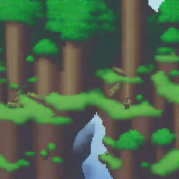 A pixel art scene depicting a character falling off a small cliff in a forest