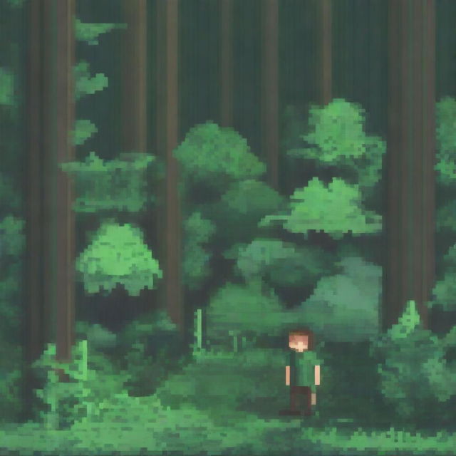 A pixel art scene depicting a person hiding in the bushes