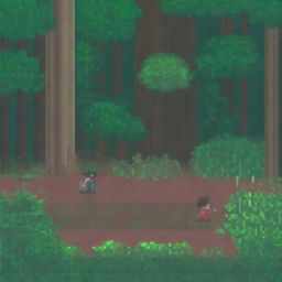 A pixel art scene depicting a person hiding in the bushes