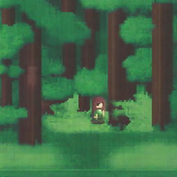 A pixel art scene depicting a person hiding in the bushes