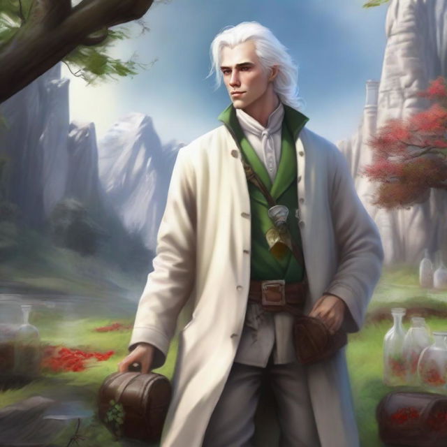 Realistic fantasy art of a human male around 25 with white hair