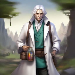 Realistic fantasy art of a human male around 25 with white hair