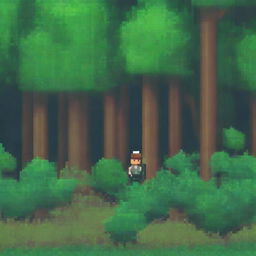 A pixel art scene depicting a person hiding in the bushes